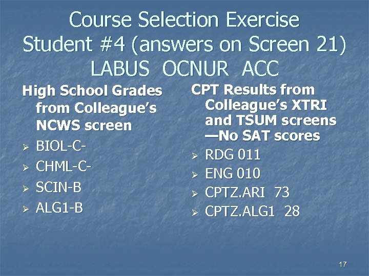 Course Selection Exercise Student #4 (answers on Screen 21) LABUS OCNUR ACC High School
