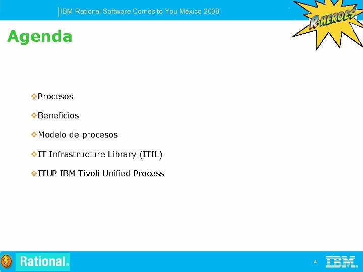 IBM Rational Software Comes to You México 2008 Agenda v. Procesos v. Beneficios v.