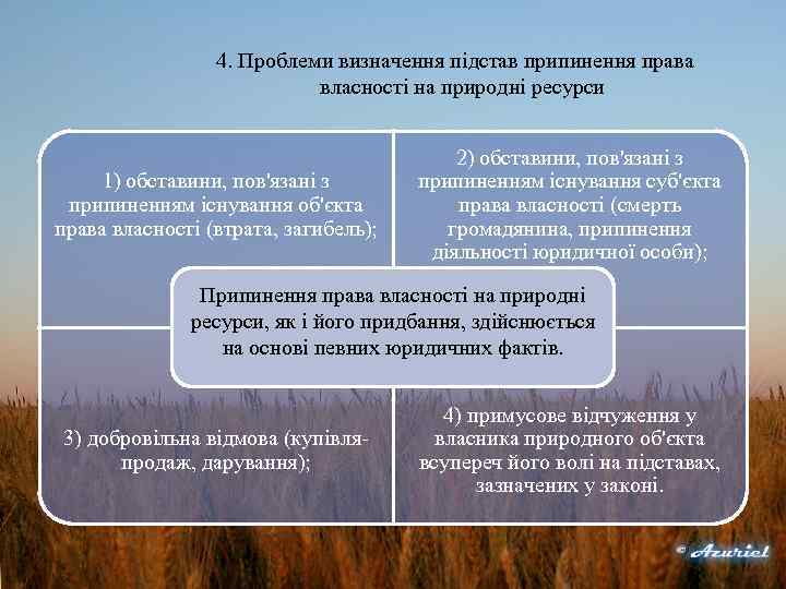 4. Проблеми визначення підстав припинення права власності на природні ресурси 1) обставини, пов'язані з