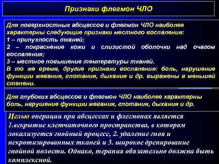 Признаки флегмон ЧЛО Для поверхностных абсцессов и флегмон ЧЛО наиболее характерны следующие признаки местного