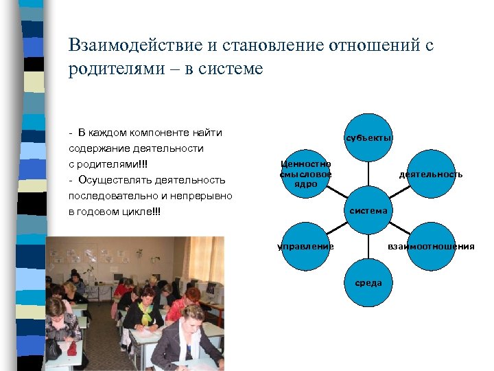 Взаимодействие и становление отношений с родителями – в системе - В каждом компоненте найти