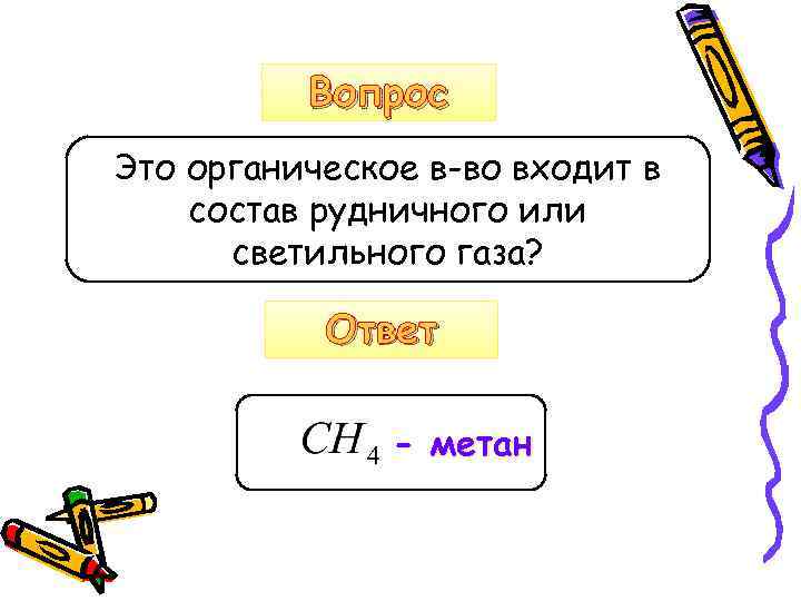 Вопрос Это органическое в-во входит в состав рудничного или светильного газа? Ответ - метан