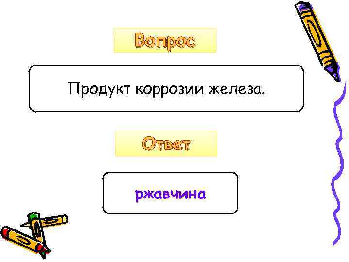 Вопрос Продукт коррозии железа. Ответ ржавчина 