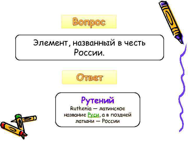 Вопрос Элемент, названный в честь России. Ответ Рутений Ruthenia — латинское название Руси, а