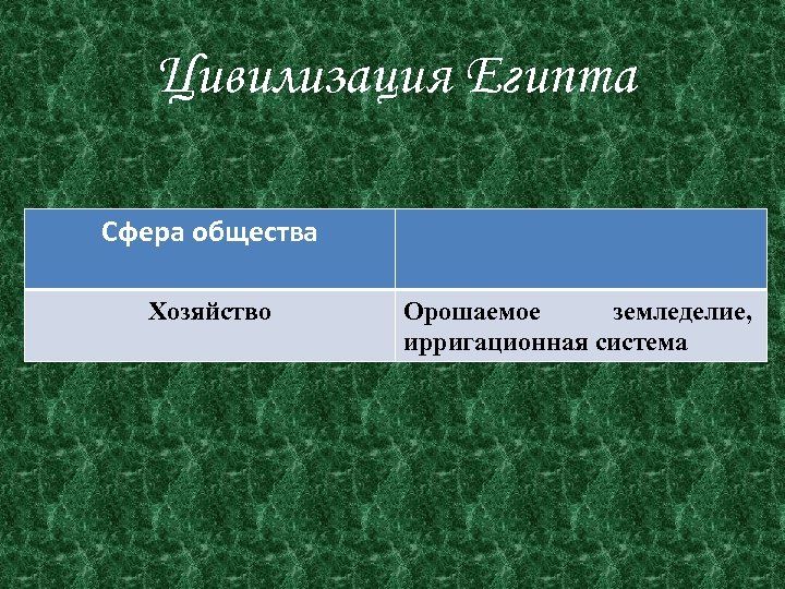 Цивилизация Египта Сфера общества Хозяйство Орошаемое земледелие, ирригационная система 