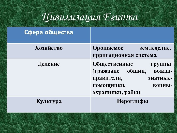 Цивилизация Египта Сфера общества Хозяйство Орошаемое земледелие, ирригационная система Деление Общественные группы (граждане общин,