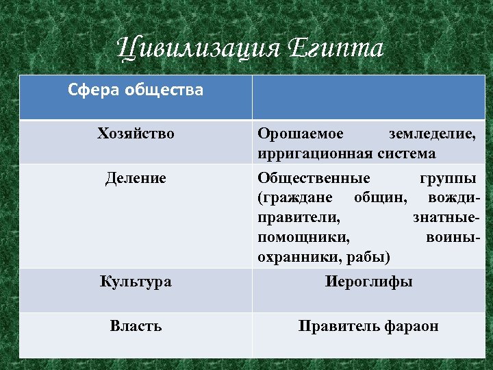 Цивилизация Египта Сфера общества Хозяйство Орошаемое земледелие, ирригационная система Деление Культура Общественные группы (граждане