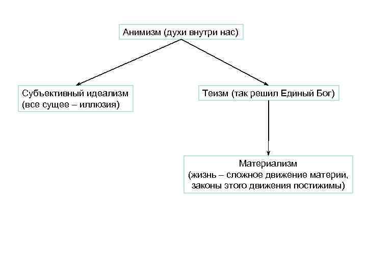 Анимизм (духи внутри нас) Субъективный идеализм (все сущее – иллюзия) Теизм (так решил Единый