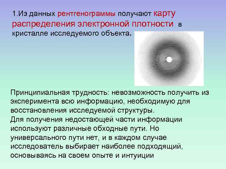 1. Из данных рентгенограммы получают карту распределения электронной плотности в кристалле исследуемого объекта. Принципиальная