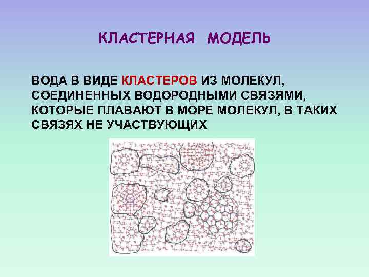 КЛАСТЕРНАЯ МОДЕЛЬ ВОДА В ВИДЕ КЛАСТЕРОВ ИЗ МОЛЕКУЛ, СОЕДИНЕННЫХ ВОДОРОДНЫМИ СВЯЗЯМИ, КОТОРЫЕ ПЛАВАЮТ В