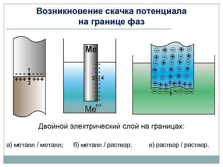 Возникновение скачка потенциала на границе фаз Двойной электрический слой на границах: а) металл /