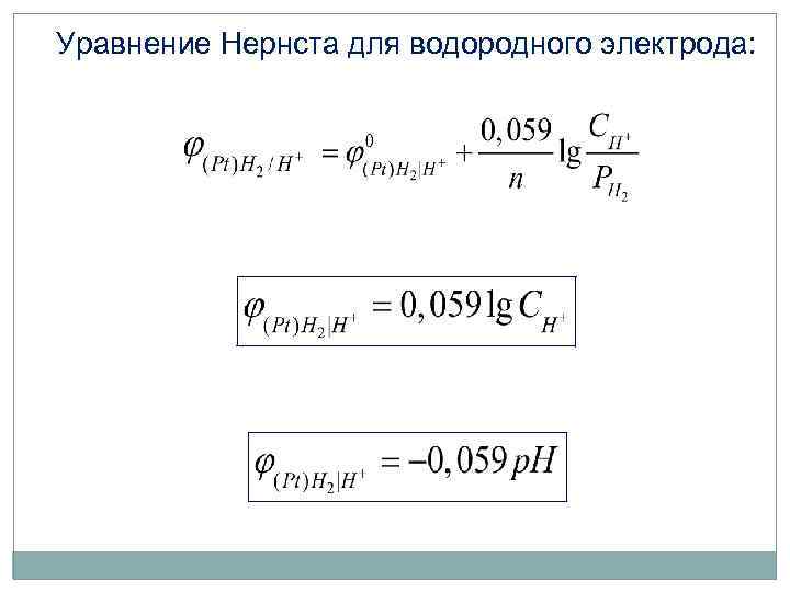 Уравнение Нернста для водородного электрода: 