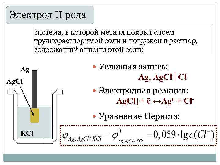 Электроды первого рода. Электродный потенциал для электродов 2 рода. Уравнение Нернста для электродов второго рода. Электроды второго рода хлоридсеребряный электрод. Уравнение Нернста для электродов i рода.