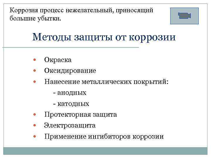 Коррозия процесс нежелательный, приносящий большие убытки. Методы защиты от коррозии Окраска Оксидирование Нанесение металлических