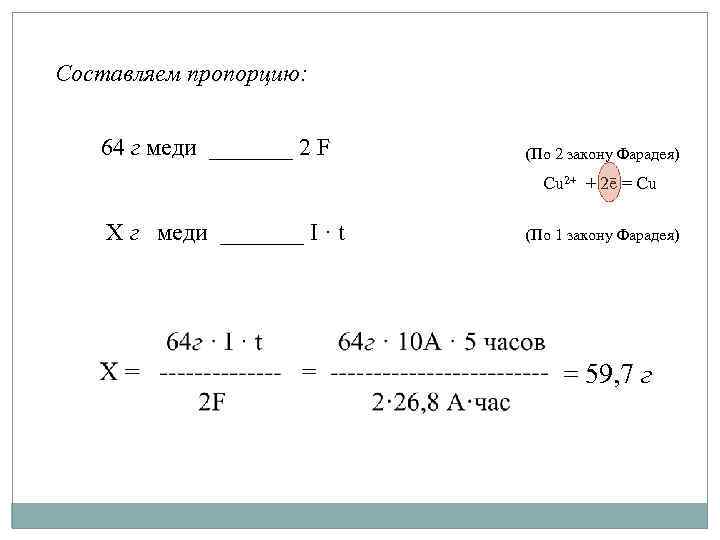 Составляем пропорцию: 64 г меди _______ 2 F (По 2 закону Фарадея) Сu 2+