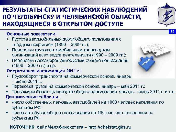РЕЗУЛЬТАТЫ СТАТИСТИЧЕСКИХ НАБЛЮДЕНИЙ ПО ЧЕЛЯБИНСКУ И ЧЕЛЯБИНСКОЙ ОБЛАСТИ, НАХОДЯЩИЕСЯ В ОТКРЫТОМ ДОСТУПЕ 12 Основные