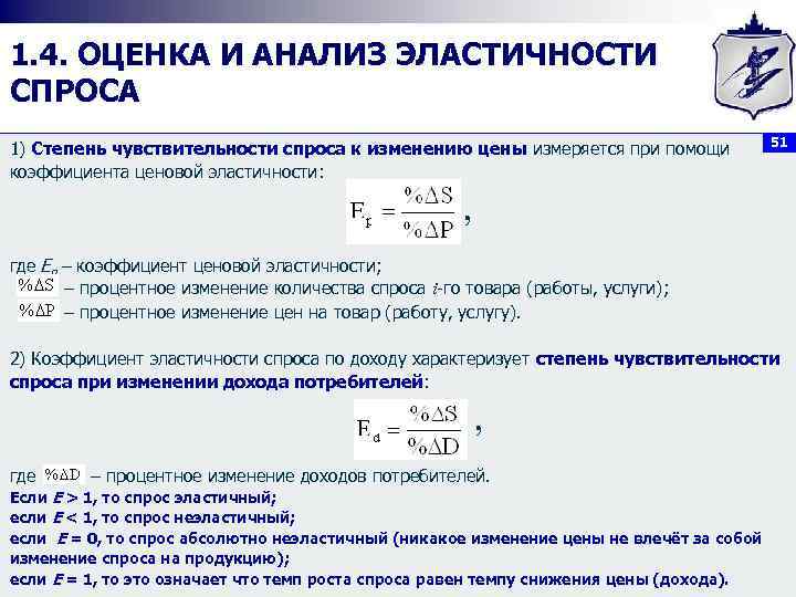 1. 4. ОЦЕНКА И АНАЛИЗ ЭЛАСТИЧНОСТИ СПРОСА 1) Степень чувствительности спроса к изменению цены