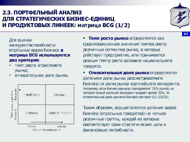 2. 3. ПОРТФЕЛЬНЫЙ АНАЛИЗ ДЛЯ СТРАТЕГИЧЕСКИХ БИЗНЕС ЕДИНИЦ И ПРОДУКТОВЫХ ЛИНЕЕК: матрица BCG (1/2)
