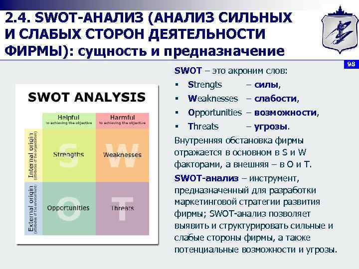 2. 4. SWOT АНАЛИЗ (АНАЛИЗ СИЛЬНЫХ И СЛАБЫХ СТОРОН ДЕЯТЕЛЬНОСТИ ФИРМЫ): сущность и предназначение