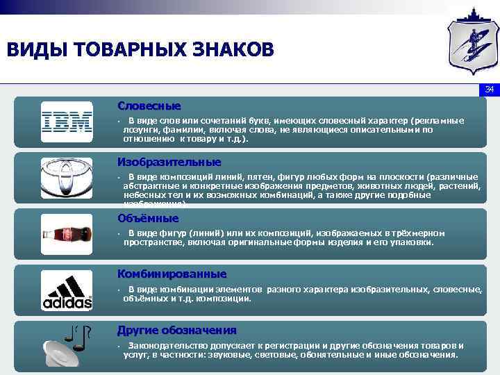 ВИДЫ ТОВАРНЫХ ЗНАКОВ 34 Словесные • В виде слов или сочетаний букв, имеющих словесный