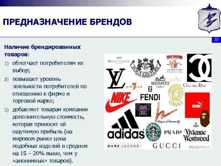 ПРЕДНАЗНАЧЕНИЕ БРЕНДОВ 37 Наличие брендированных товаров: товаров 1) облегчает потребителям их выбор; 2) повышает