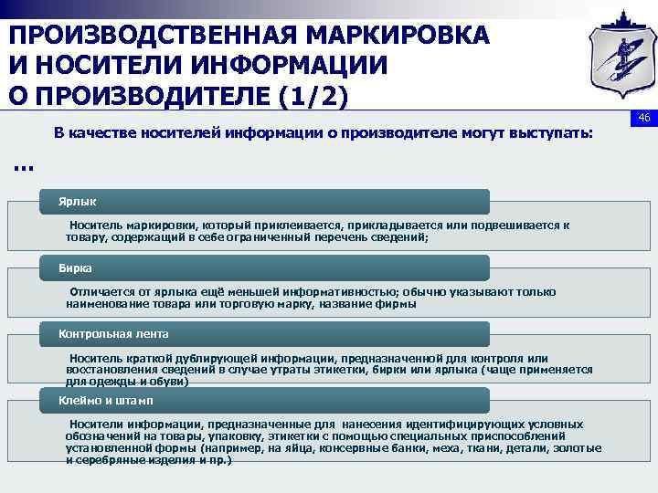 ПРОИЗВОДСТВЕННАЯ МАРКИРОВКА И НОСИТЕЛИ ИНФОРМАЦИИ О ПРОИЗВОДИТЕЛЕ (1/2) В качестве носителей информации о производителе