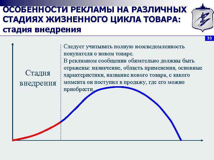 ОСОБЕННОСТИ РЕКЛАМЫ НА РАЗЛИЧНЫХ СТАДИЯХ ЖИЗНЕННОГО ЦИКЛА ТОВАРА: стадия внедрения 33 Стадия внедрения Следует