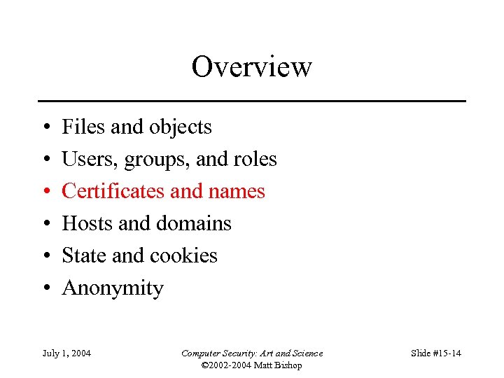 Overview • • • Files and objects Users, groups, and roles Certificates and names