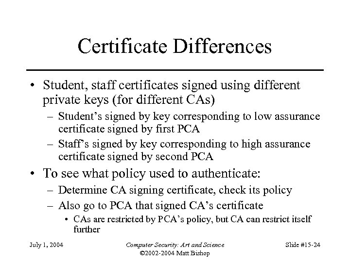 Certificate Differences • Student, staff certificates signed using different private keys (for different CAs)