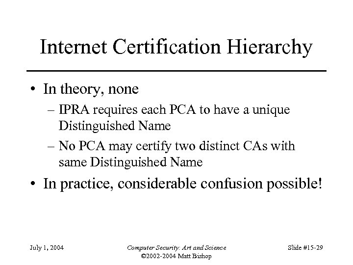 Internet Certification Hierarchy • In theory, none – IPRA requires each PCA to have