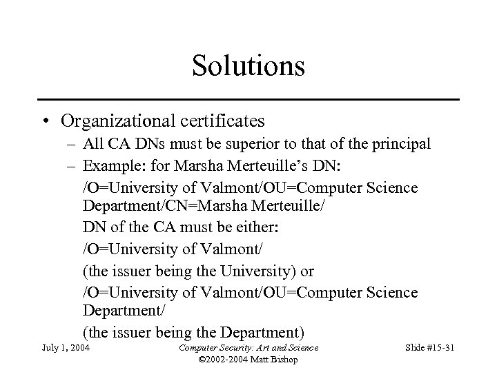 Solutions • Organizational certificates – All CA DNs must be superior to that of