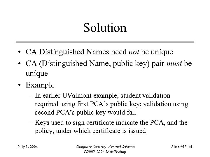 Solution • CA Distinguished Names need not be unique • CA (Distinguished Name, public