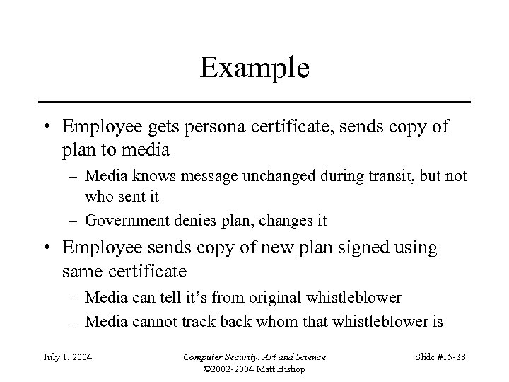 Example • Employee gets persona certificate, sends copy of plan to media – Media