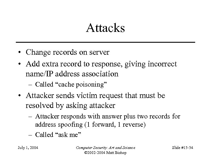 Attacks • Change records on server • Add extra record to response, giving incorrect