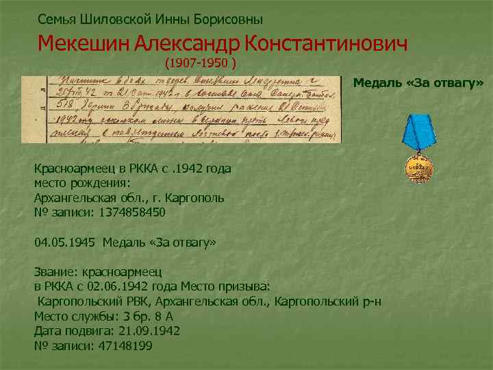  Мекешин Александр Константинович Семья Шиловской Инны Борисовны (1907 -1950 ) Медаль «За отвагу»