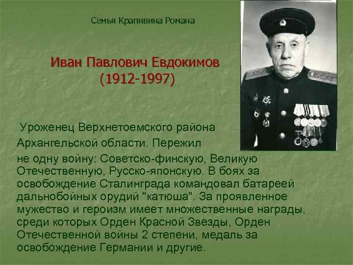 Семья Крапивина Романа Иван Павлович Евдокимов (1912 -1997) Уроженец Верхнетоемского района Архангельской области. Пережил