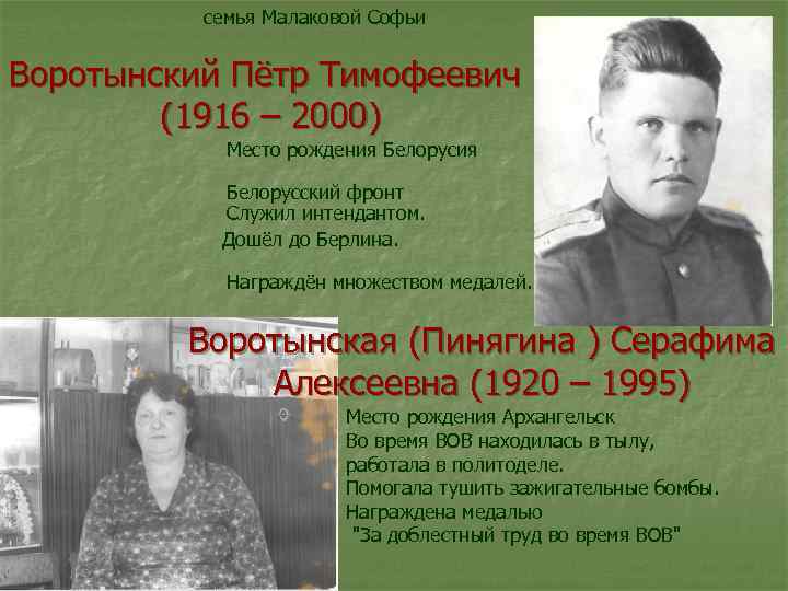 семья Малаковой Софьи Воротынский Пётр Тимофеевич (1916 – 2000) Место рождения Белорусия Белорусский фронт