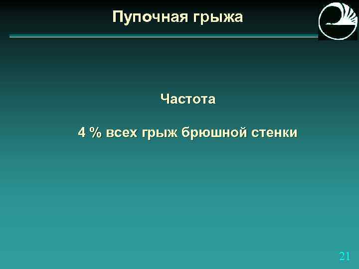 Пупочная грыжа Частота 4 % всех грыж брюшной стенки 21 