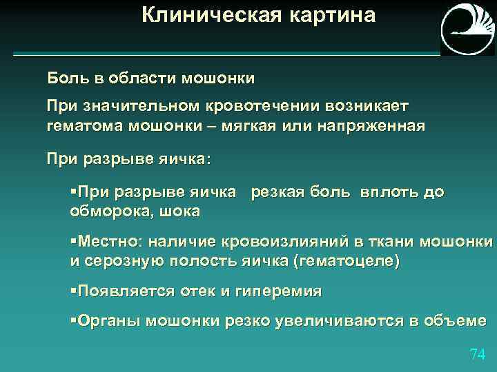 Клиническая картина Боль в области мошонки При значительном кровотечении возникает гематома мошонки – мягкая