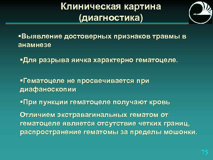 Клиническая картина (диагностика) §Выявление достоверных признаков травмы в анамнезе §Для разрыва яичка характерно гематоцеле.