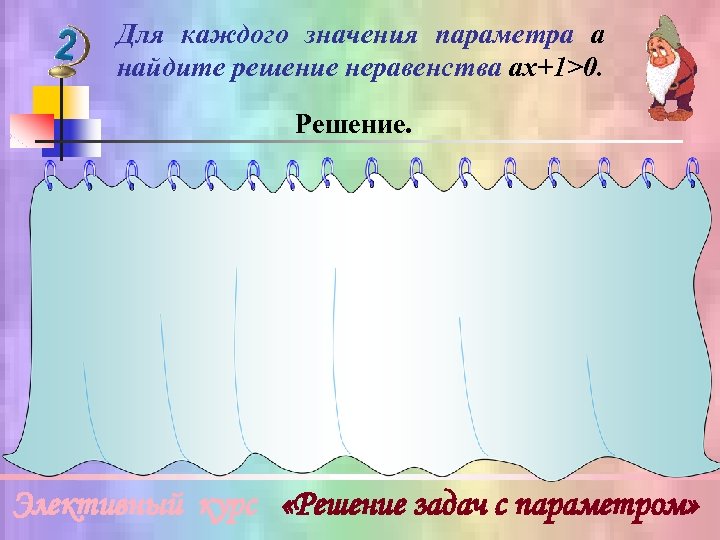 Для каждого значения параметра а найдите решение неравенства ах+1>0. Решение. ах + 1 0