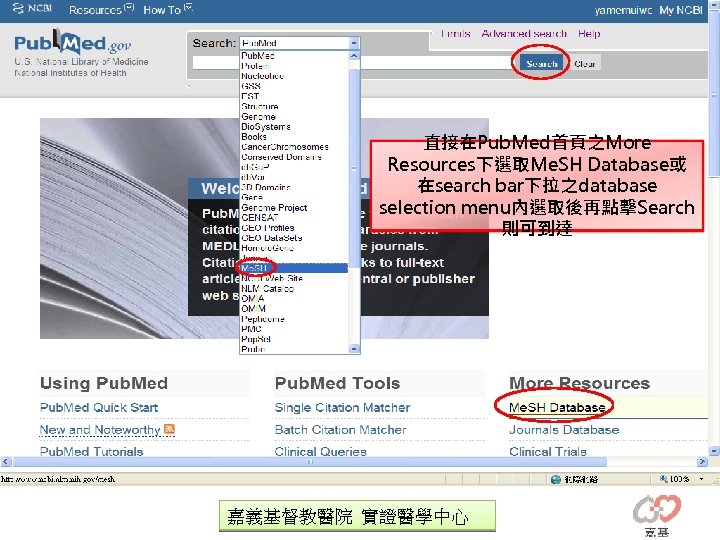 直接在Pub. Med首頁之More Resources下選取Me. SH Database或 在search bar下拉之database selection menu內選取後再點擊Search 則可到達 嘉義基督教醫院 實證醫學中心 