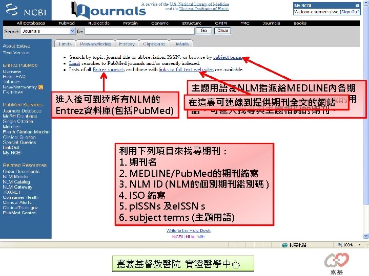 進入後可到達所有NLM的 Entrez資料庫(包括Pub. Med) 主題用語為NLM指派給MEDLINE內各期 刊；描述每一期刊大體上屬於何領域的用 在這裏可連線到提供期刊全文的網站 語，可進入找尋與主題相關的期刊。 利用下列項目來找尋期刊： 1. 期刊名 2. MEDLINE/Pub. Med的期刊縮寫 3.