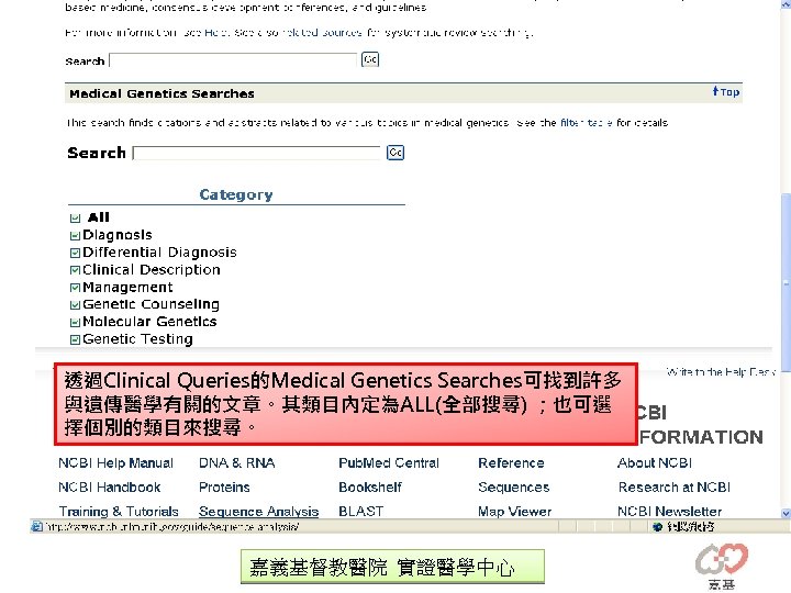 透過Clinical Queries的Medical Genetics Searches可找到許多 與遺傳醫學有關的文章。其類目內定為ALL(全部搜尋) ；也可選 擇個別的類目來搜尋。 嘉義基督教醫院 實證醫學中心 
