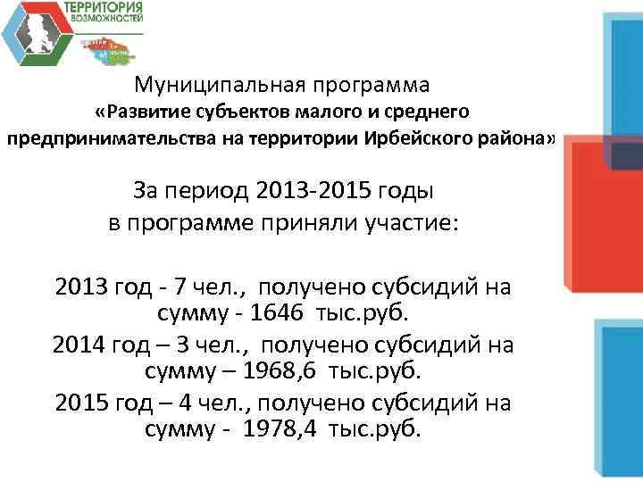 Муниципальная программа «Развитие субъектов малого и среднего предпринимательства на территории Ирбейского района» За период
