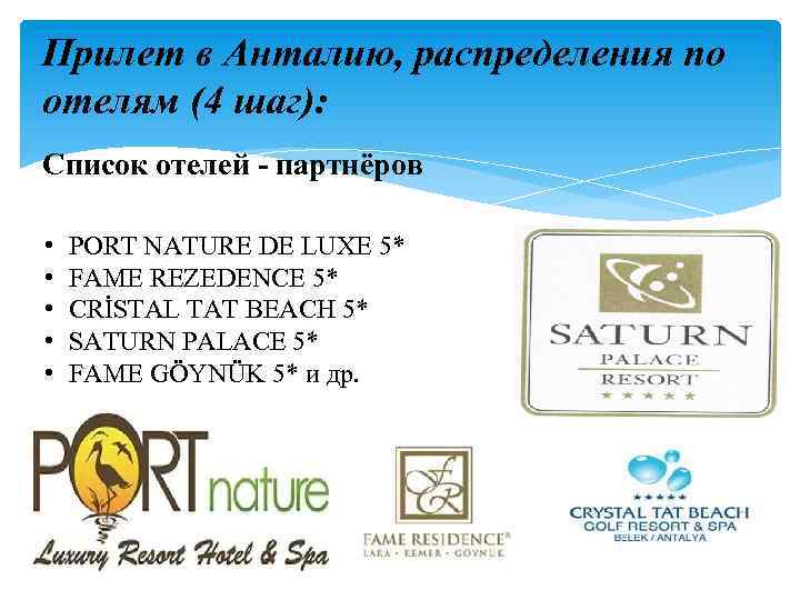 Прилет в Анталию, распределения по отелям (4 шаг): Список отелей - партнёров • •