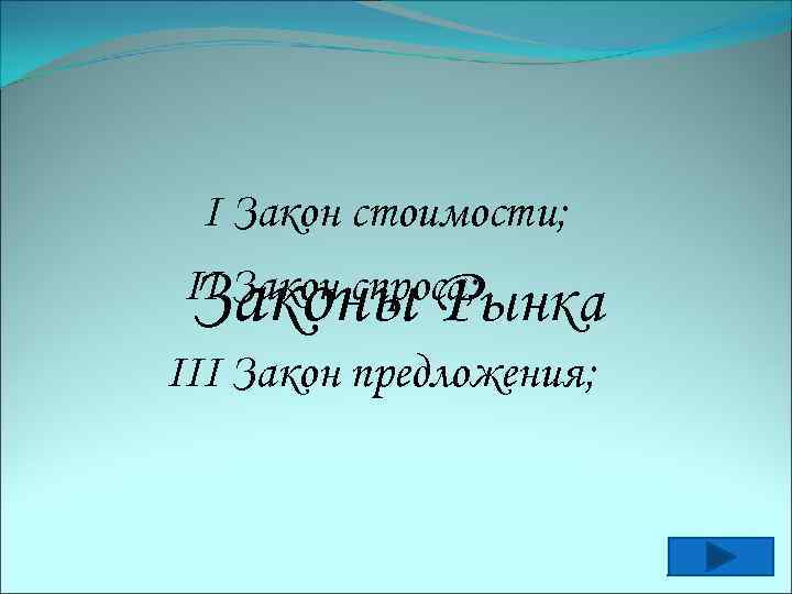 I Закон стоимости; Законы Р II Закон спроса; ынка III Закон предложения; 