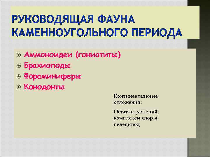 РУКОВОДЯЩАЯ ФАУНА КАМЕННОУГОЛЬНОГО ПЕРИОДА Аммоноидеи (гониатиты) Брахиоподы Фораминиферы Конодонты Континентальные отложения: Остатки растений, комплексы