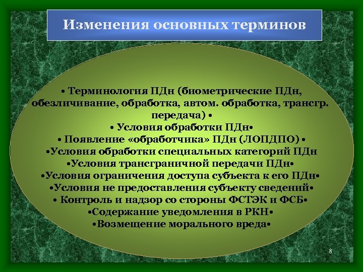 Изменения основных терминов • Терминология ПДн (биометрические ПДн, обезличивание, обработка, автом. обработка, трансгр. передача)