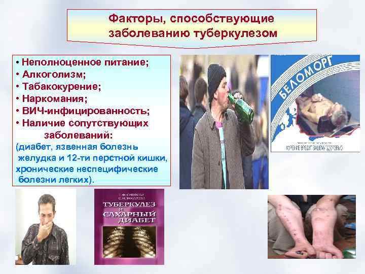 Факторы, способствующие заболеванию туберкулезом • Неполноценное питание; • Алкоголизм; • Табакокурение; • Наркомания; •